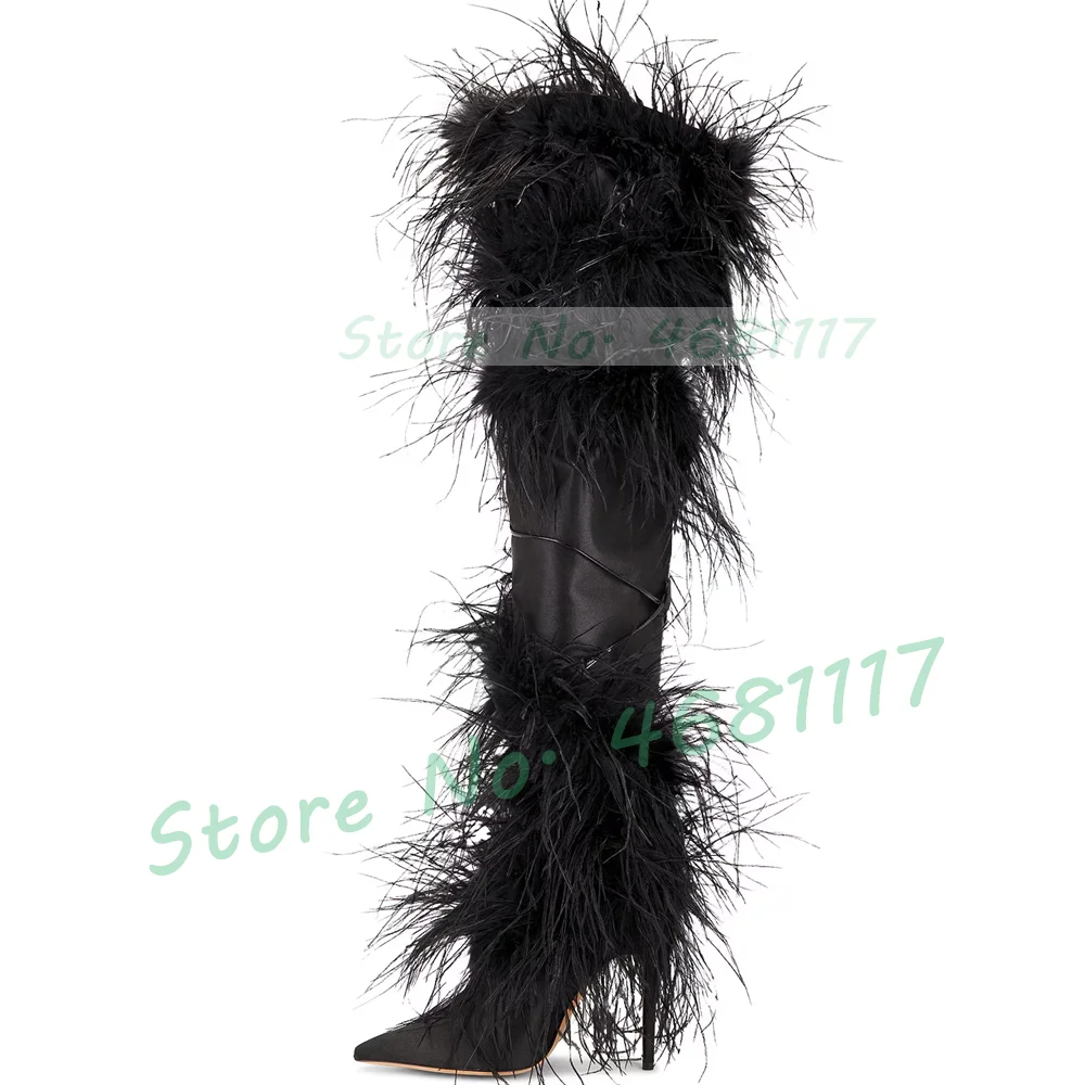 Black Real Feather Satin Knee High Boots Women Luxury Ostrich Fur Wrap High Heels Snow Boots Winter Newest Pointy Fluffy Shoes