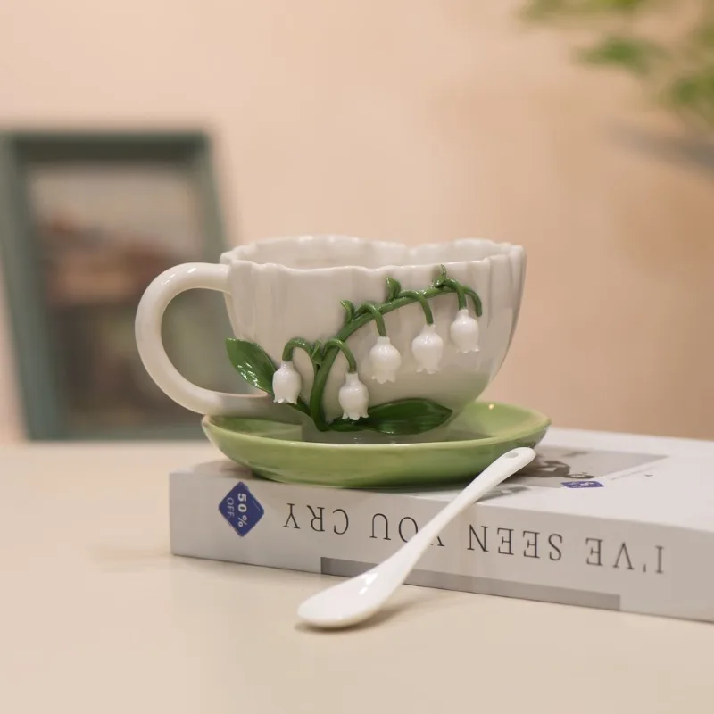 Ceramic Lily of The Valley Coffee Cup Saucer Embossed Three-dimensional Flower Mug Delicate Afternoon Camellia Flower Teacup New