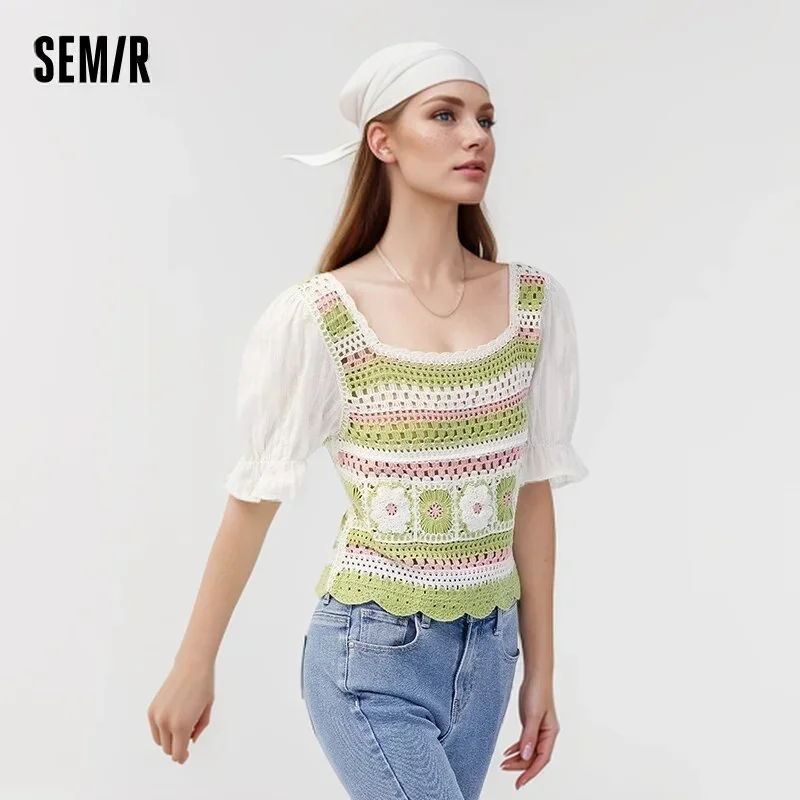 Semir Short-Sleeved Sweater Women Woven Hollow-Out Artistic Style 2024 Summer New Thin Top With Bubble Sleeves Slim Fit