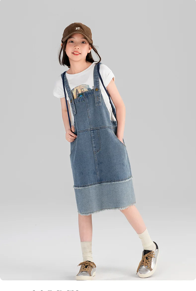 Baby Girl Dress Girls Denim Strap-up Dress Summer 2024 Big Kids Fashion Loose Simple Design Sense Raw Edge Slip Dresses