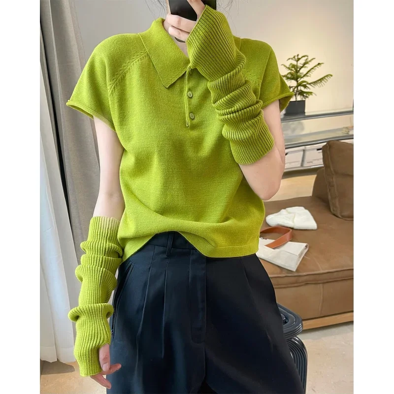 Spring Women Short-sleeved Knitted Sweaters Lapel Sleeve Two-piece Casual Tops Arm Warmer Oversleeve Yellow-green Soft Pullovers