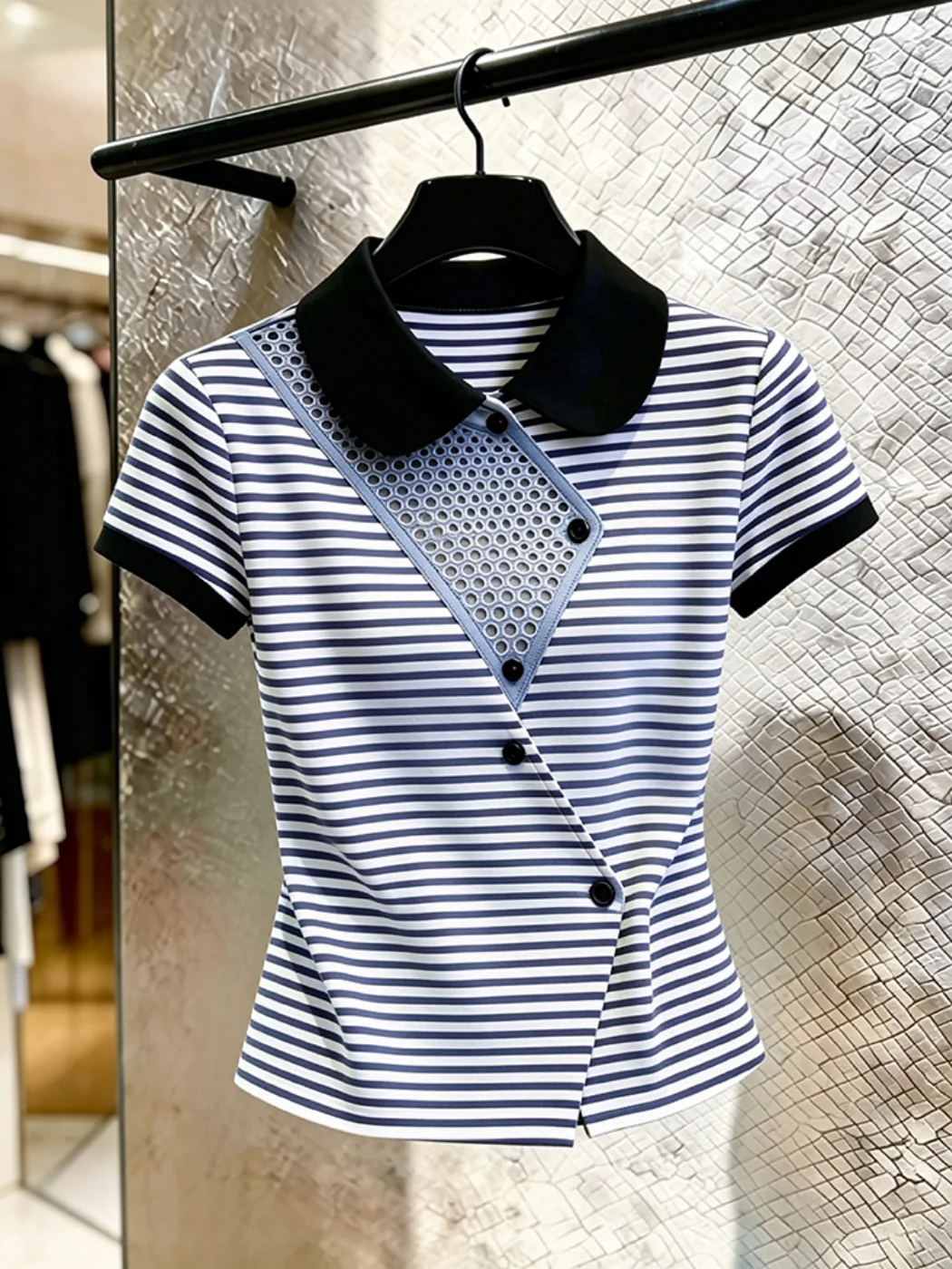 

Sweet Stripe Color Block Collar Short Sleeve Women's T-shirt Summer High Waist Slim Fit Korean Style Commute Fashion Top