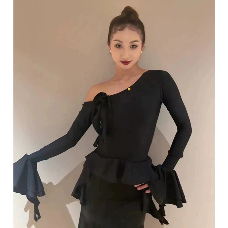 

Latin Dance Tops Black Flower Oblique Shoulder Long Sleeves Blouse Women Ballroom Dance Practice Clothing Rumba Cha Cha BL12227