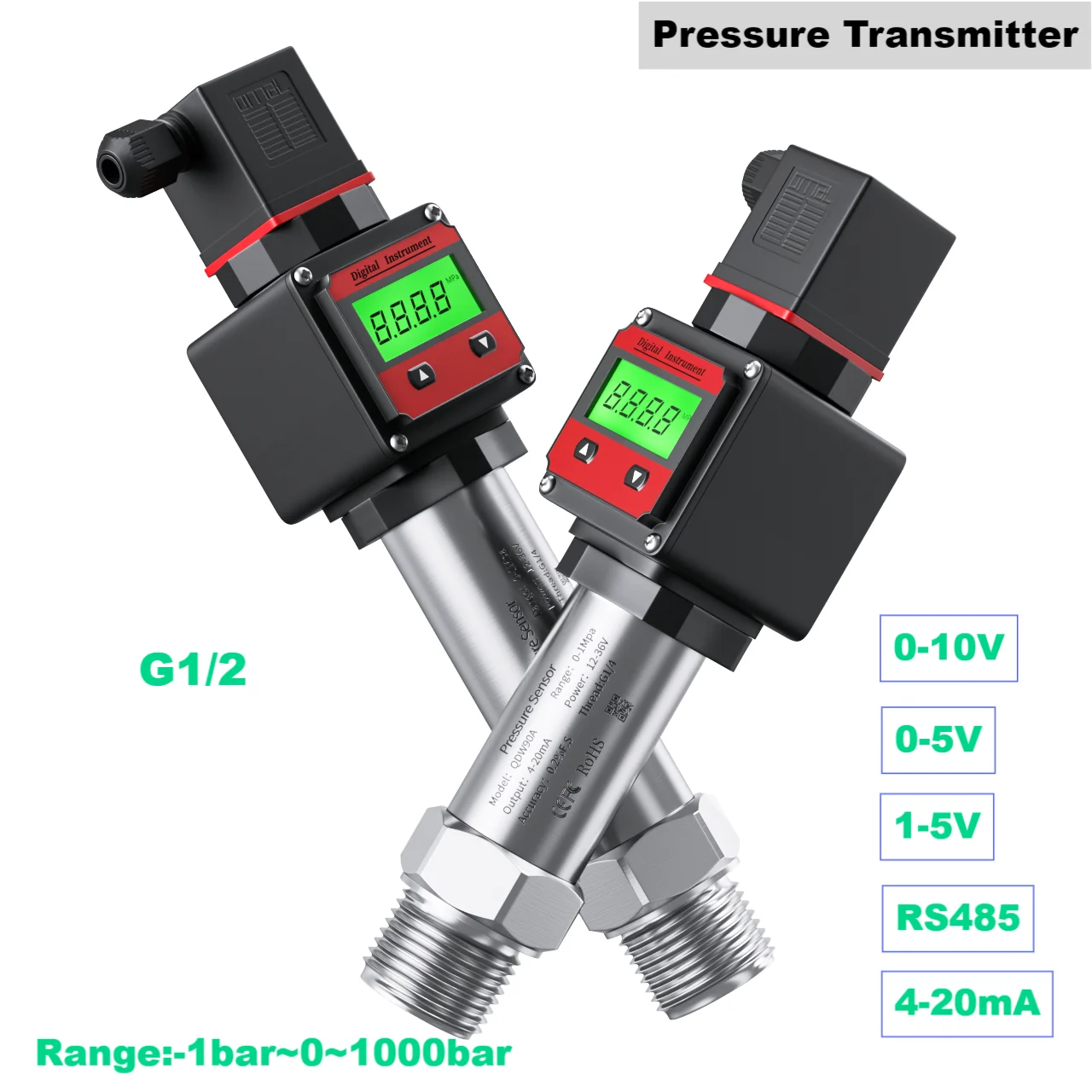 G1/2 LCD Pressure Transmitter Sensor 0-0.5bar 1bar 150bar 20bar 30bar Pressure Gauge Digital Display DC24V DC12V 4-20mA Pressure