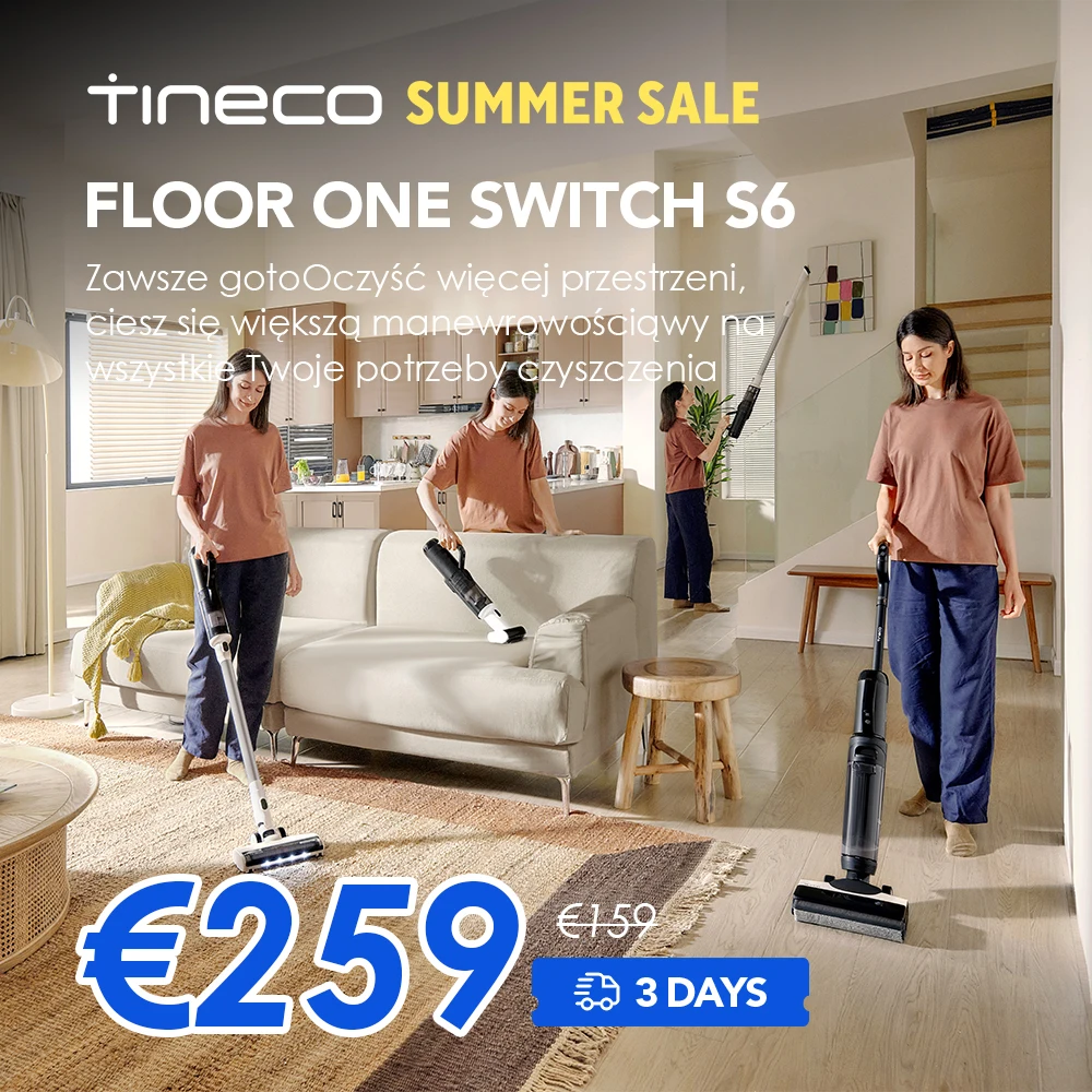Odkurzacz do podłóg Tineco Floor One Switch S6, odkurzacz na mokro i sucho 5-w-1, funkcja samooczyszczania, funkcja Lightning Rocking, czyszczenie podwójnych krawędzi F