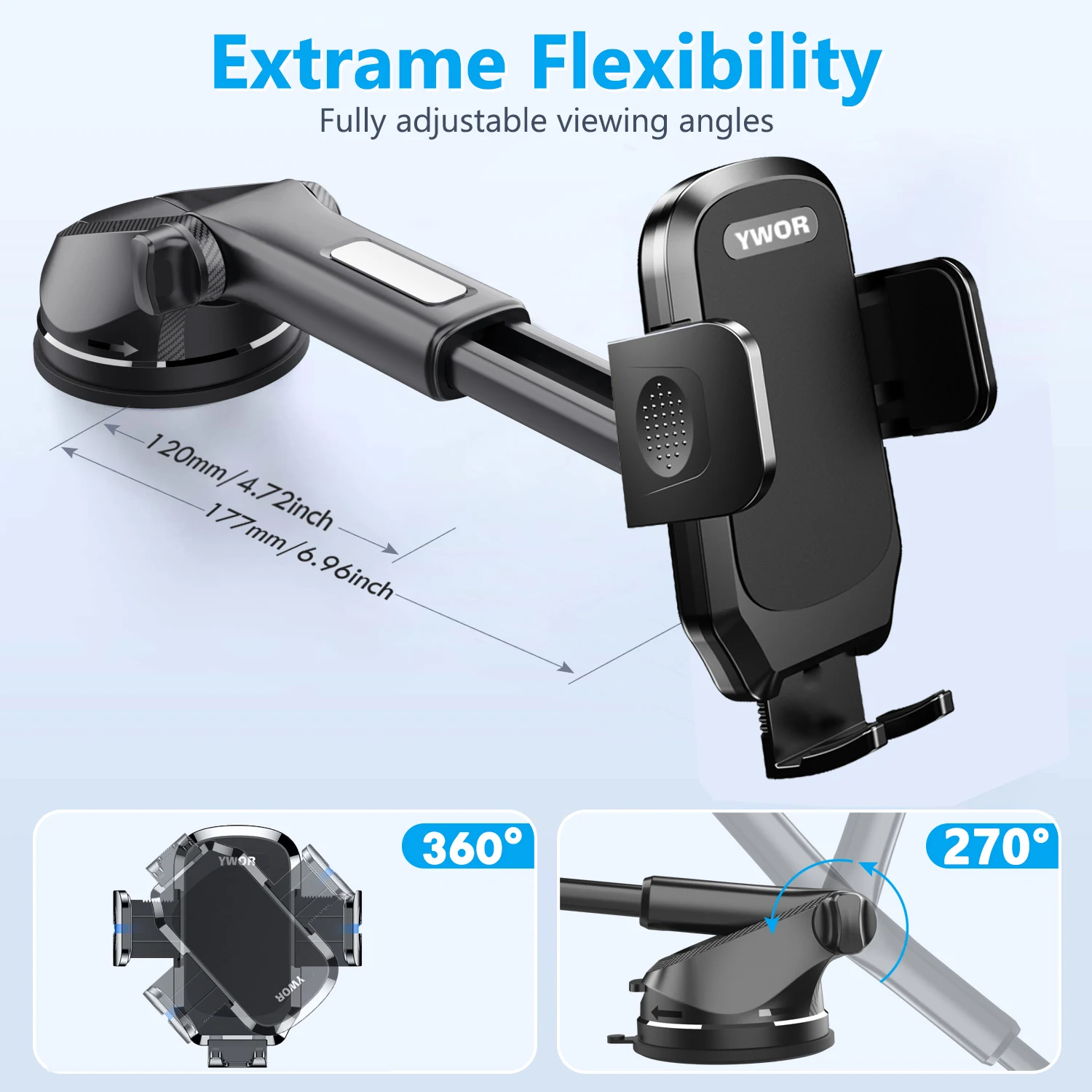 YWOR Car Phone Holder, Adjustable Car Phone Mount Cradle 360° Rotation - Upgraded Strong Sticky Gel Pad-One Button Release For U