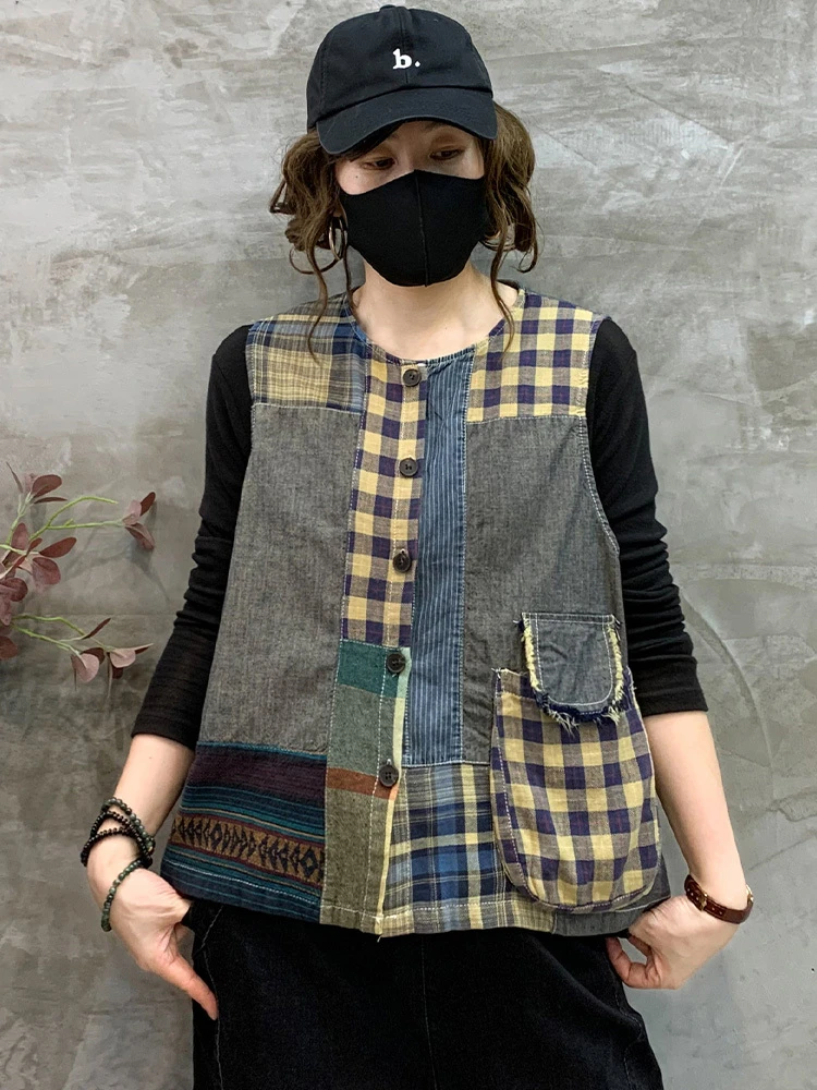 Max LuLu 2024 Summer Plaid Tanks Coats Women Luxury Vintage Loose Denim Vests Ladies Casual Fashion Patchwork Sleeveless Clothes