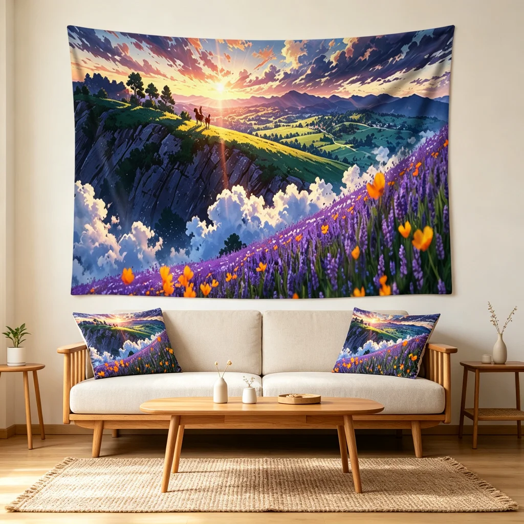 1PC Anime Lavender Field Sunset Print Backdrop Banner, Bedroom Living Room Photo Background, Polyester, Home Decor, Wall Art