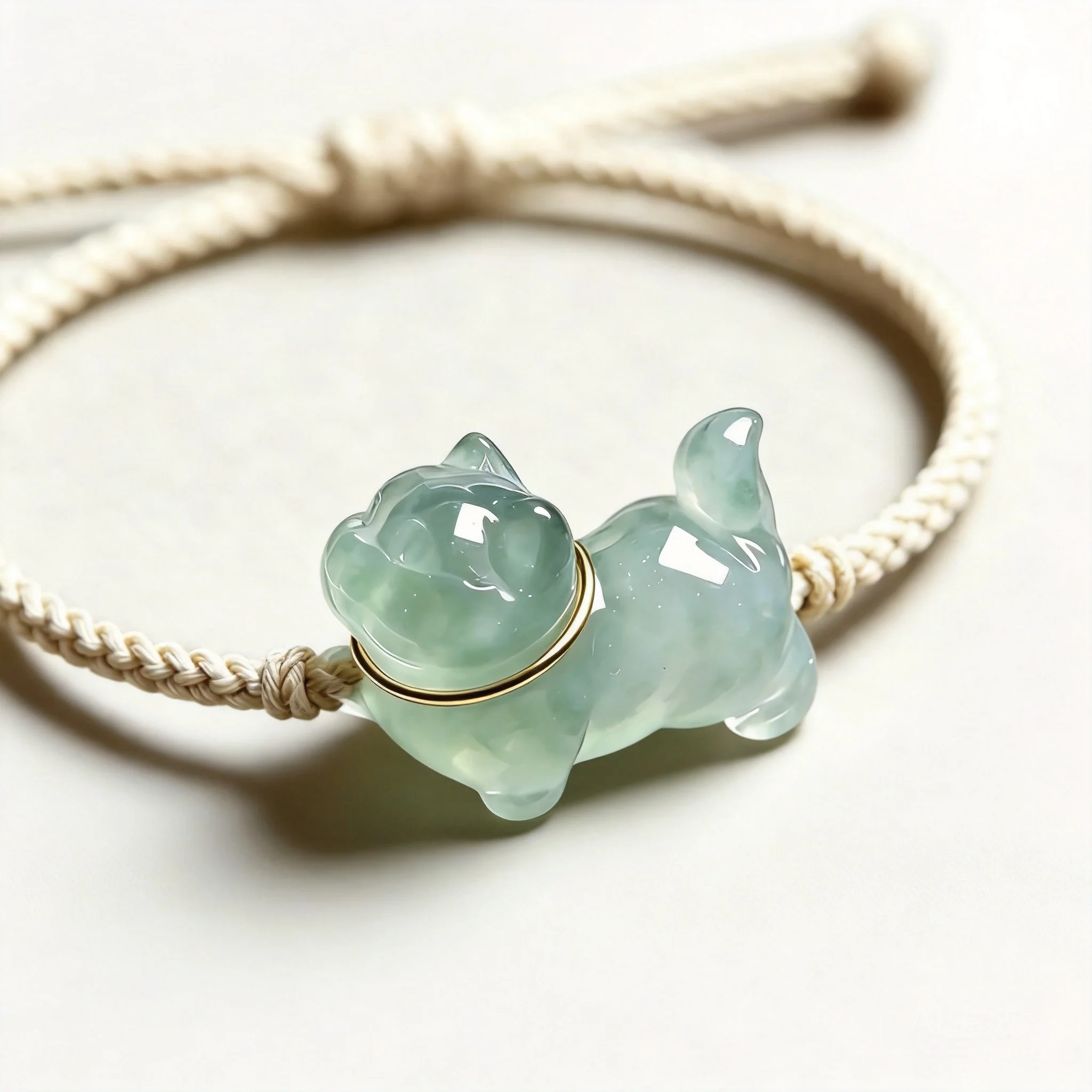 Cute Chinese Style Lucky Fortune Cat Adjustable Braided Rope Bracelet Light Green Jade Like Carved Blessing Good Luck Jewelry