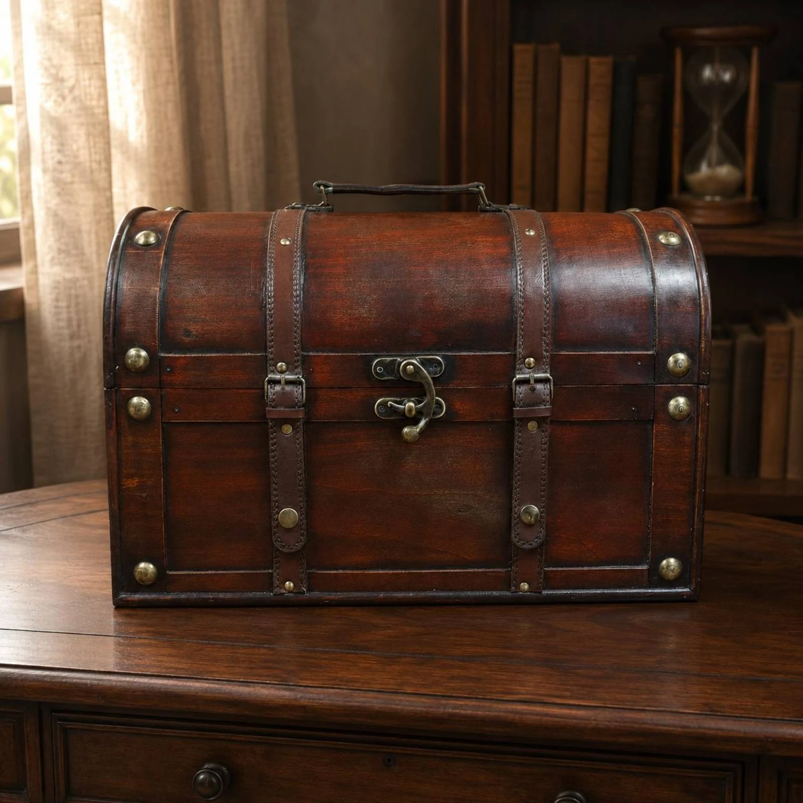 Faux Rosewood Storage Chest Curved Top Vintage Trunk Chest Wooden Trunk Wood-Grain Texture Home Organizer Metal Corner Studs