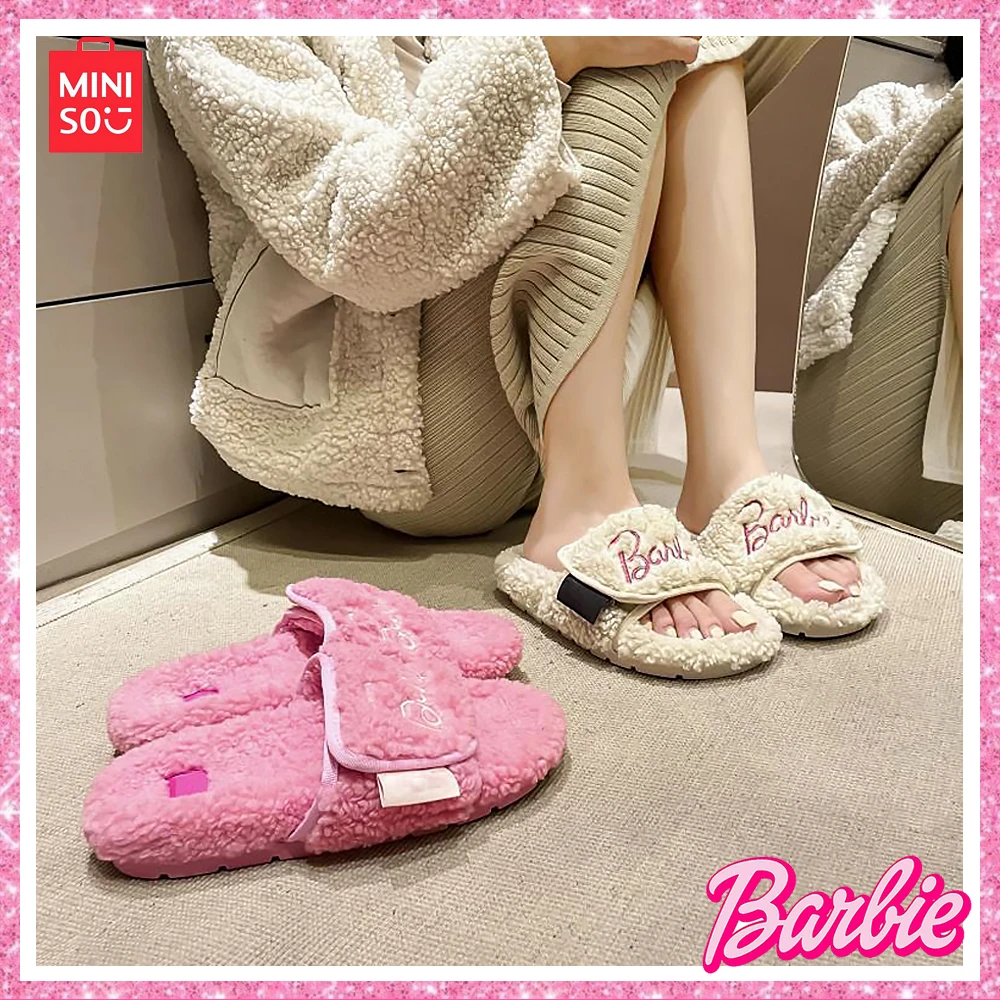 

Miniso Barbie Lamb Hair Slippers for Women Outwear 2024 New Fashion Thick Bottom Plush Slippers for Birthday Gift