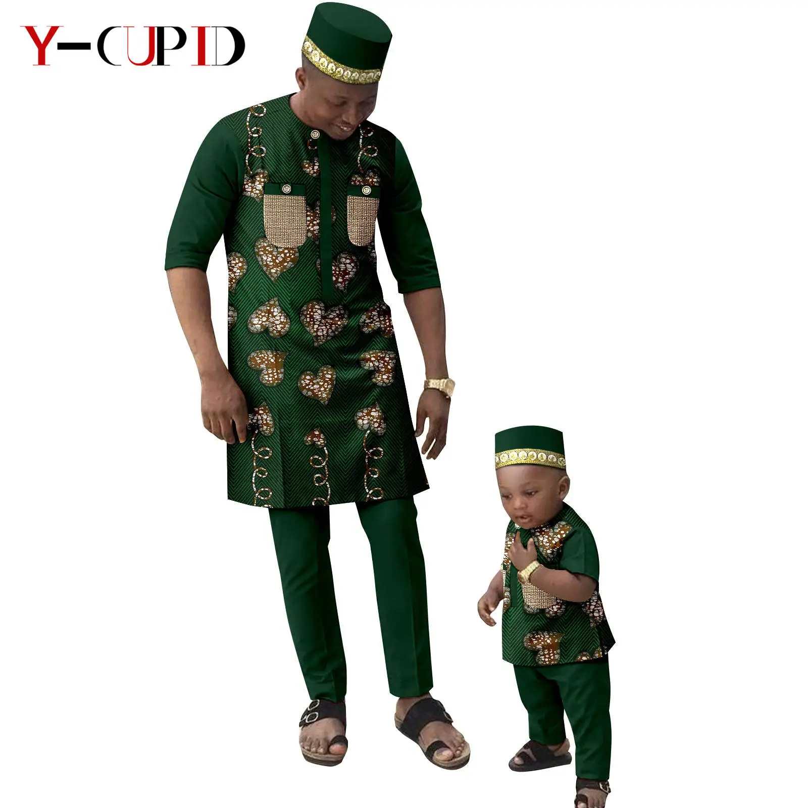 

African Clothes for Men Appliques Hat Top and Pant Sets Matching Kids Son Outfits Dashiki Muslim Suits Family Clothes 24F038