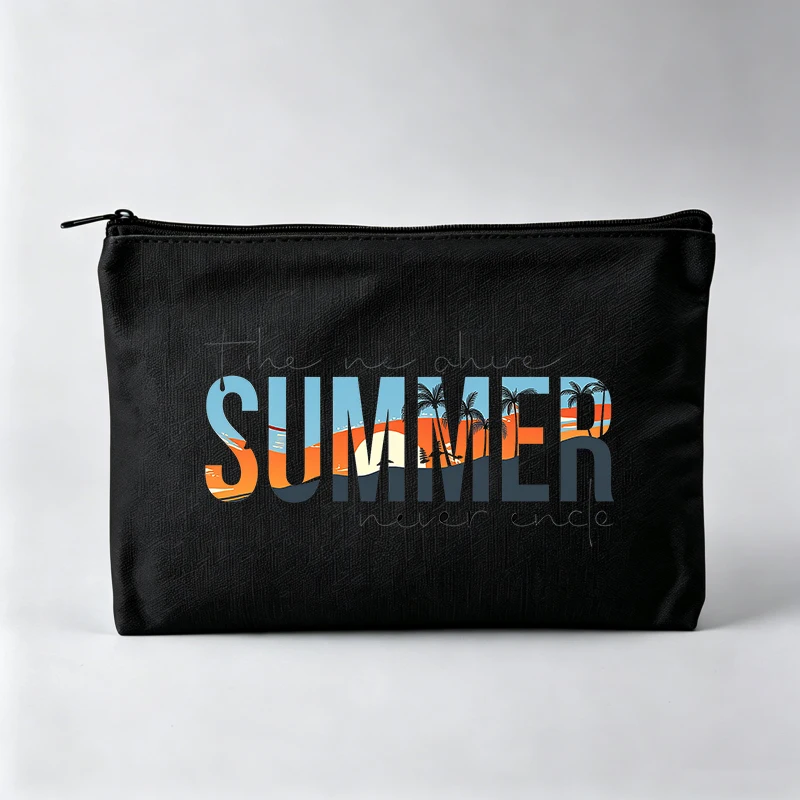 Women's Summer Typography Makeup Bag with Sunset and Palm Tree Print, Casual Cosmetic Pouch for Daily Use