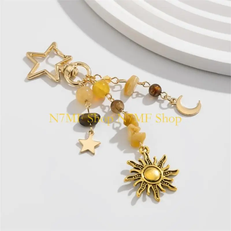 

N7MF Punk Stars Moon Sun Pendant Keychain Charm for Women and Girls with Colorful Beads Bohemian Bag Charm Jewelry Gifts