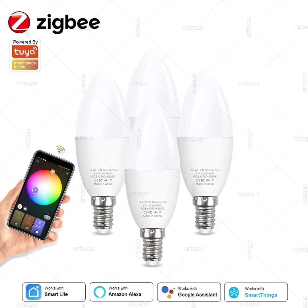 Tuya-Zigbee lâmpadas LED inteligentes, 5W, RGB, CW, WW, E14, vela lâmpada LED, funciona com vida inteligente, Alexa, Amazon, Google Assistente