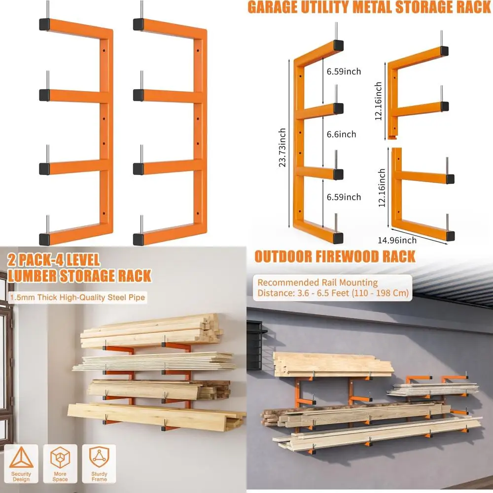 

4-Level Heavy-Duty Wall-Mounted Wood Storage Rack, Orange, Holds Up to 800 lbs, Suitable for Indoor and Outdoor Use