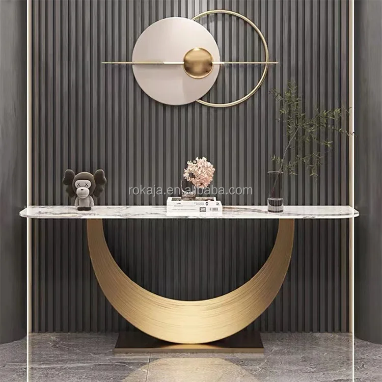 Marble Console Table Gold Metal Half-Moon Base Entrance Decoration Table Modern Living Room Furniture Corridor Corner Table
