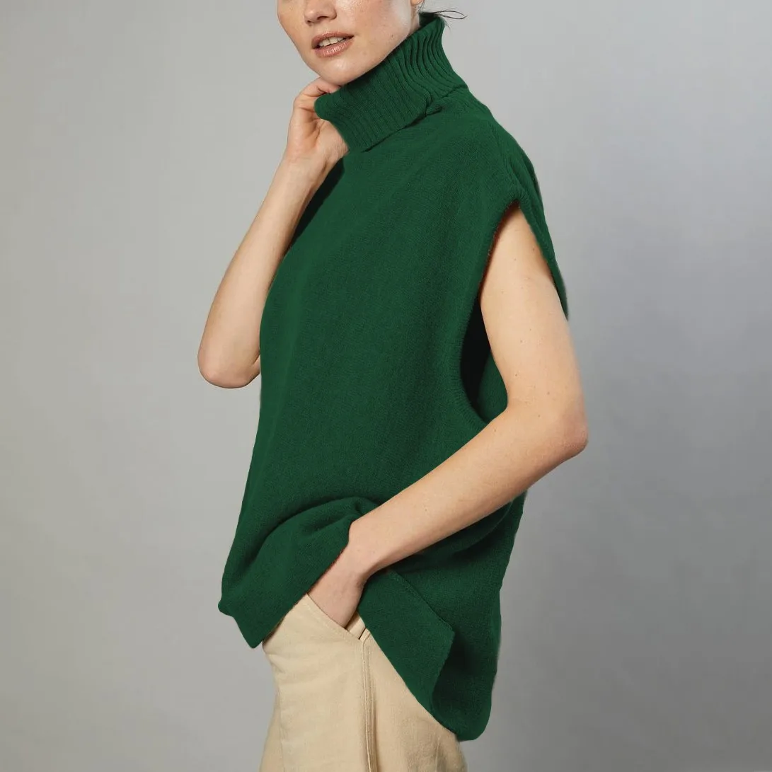 Turtleneck Pullover Knit Women's Sweater Split Hem Sleeveless Oversized Knitwear Tops Female Solid Fashion Streetwear Outwear