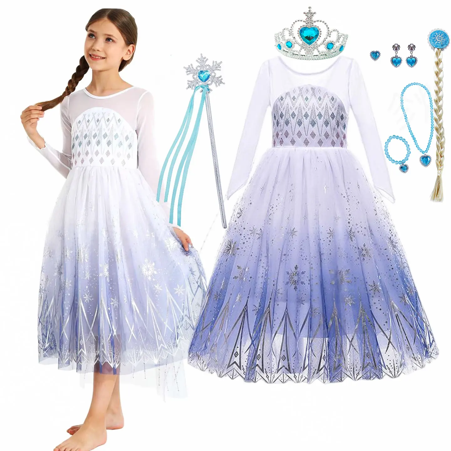 White Elsa Girl Blue Gradient Princess Dress Long Sleeve With Snowflake Cape Kid Snow Queen Cosplay Costume Birthday Party Frock