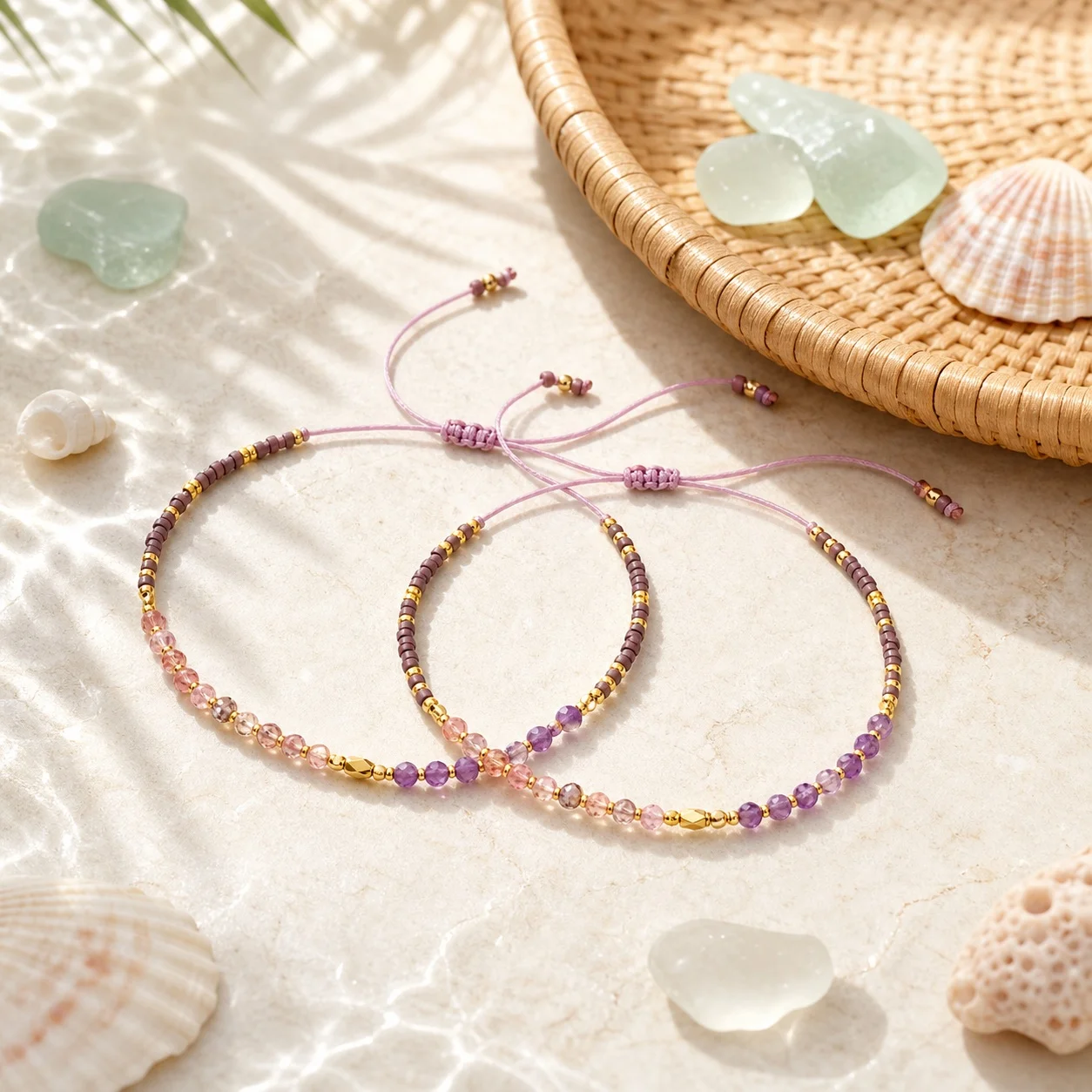 2pcs Purple Pink Glass Beaded Tie Bracelet for Women Boho Round Bead Adjustable Cord Bracelet Layered Look Beach Style
