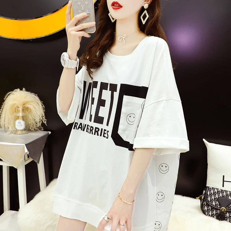 Explosive Street Trend Korean Cotton Medium Length Loose New Printed Short Sleeve T-shirt Women's Large Size Women's Top