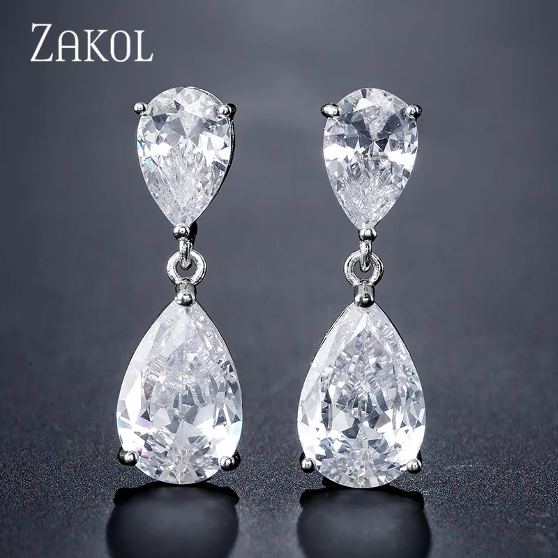 ZAKOL Cute Transparent Crystal Dangle Drop Earrings For Girls Clear Gold Color Women Small Wedding Engagement Jewelry FSEP2516