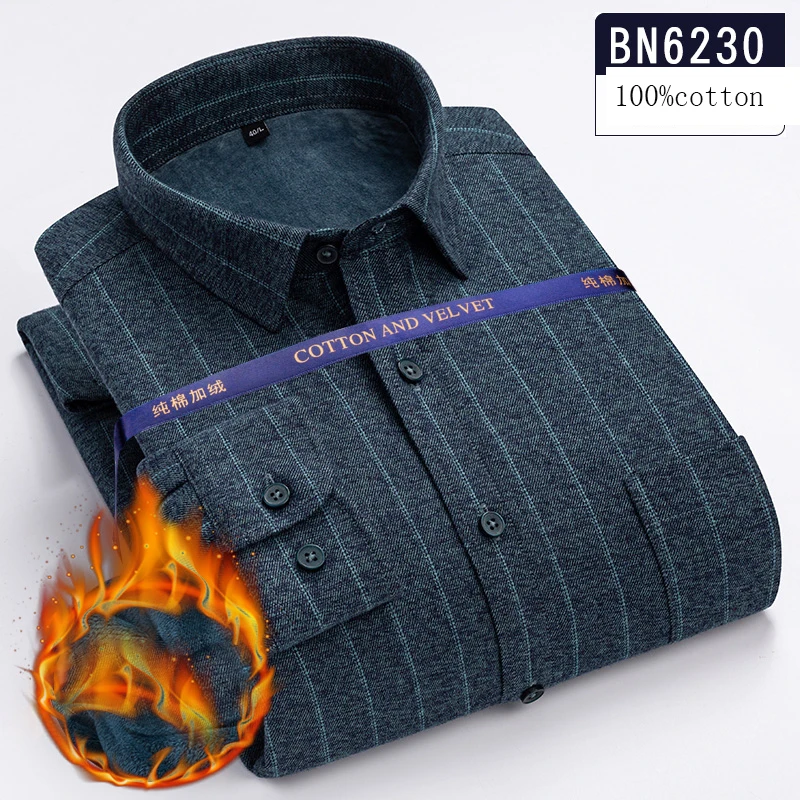 New in shirt 100%cotton over size 8XLLong Sleeve Warm shirts for men Winter Plush thicken striped plaid tops comfortable clothes