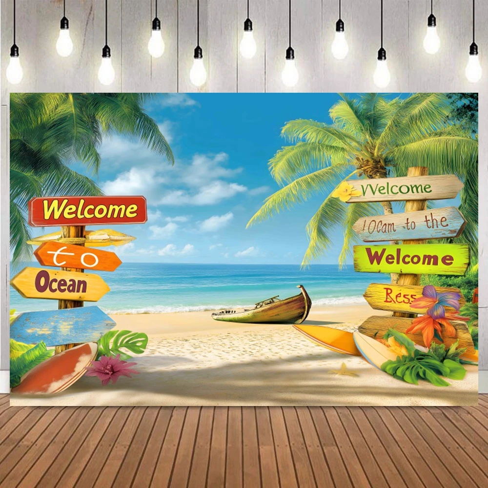 

Welcome to Ocean Summer Hawaiian Beach Photography Backdrop Tropical Flower Palm Leaves Background Luau Aloha Party Decorations