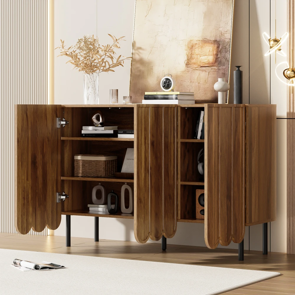 Modernes Sideboard aus Holz mit 120 x 35 x 80 cm großen, grifffreien, verstellbaren Regalen und Stauraum für Wohnzimmer, Flur und Esszimmer – Detail 8