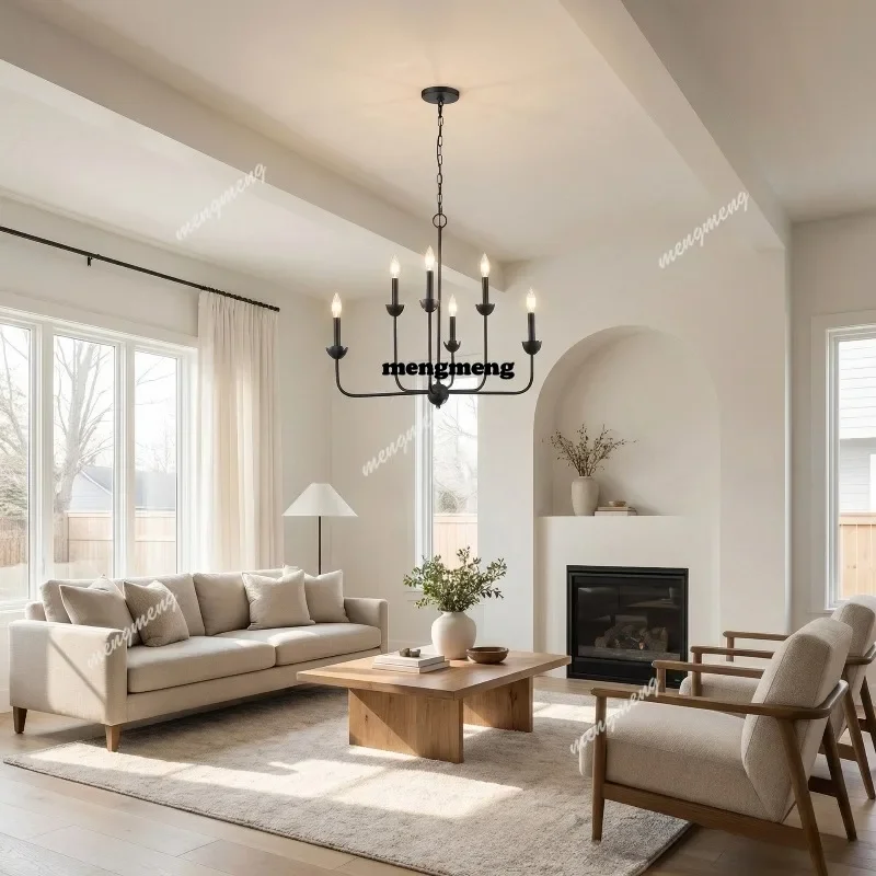 M138French designer dining room light living room one-word dining table chandelier American wrought iron candle chandelier