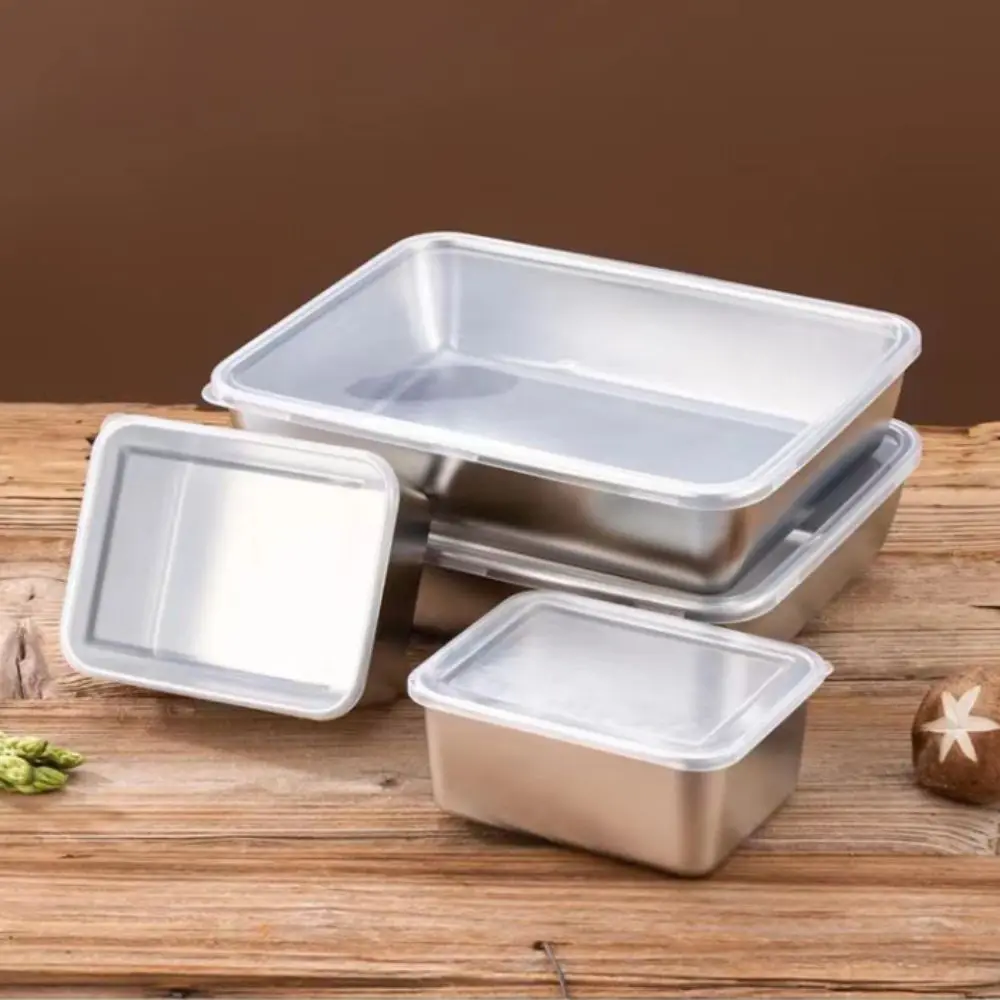 Durable Stainless Steel Square Plate with Lid Large Food Storage Pan Rectangular Multifunction Baking Dish Kitchen Cooking Tools