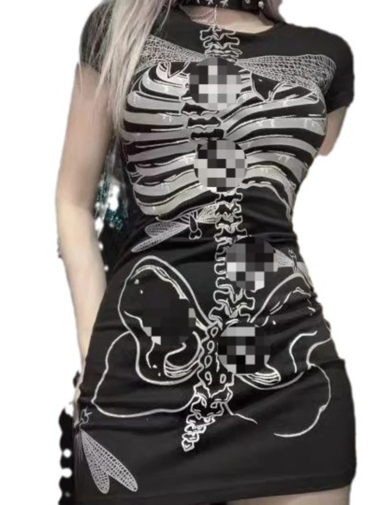 

Женское облегающее мини-платье в стиле Харадзюку, пикантное уличное платье в стиле панк с принтом черепа, Y2k, 2024