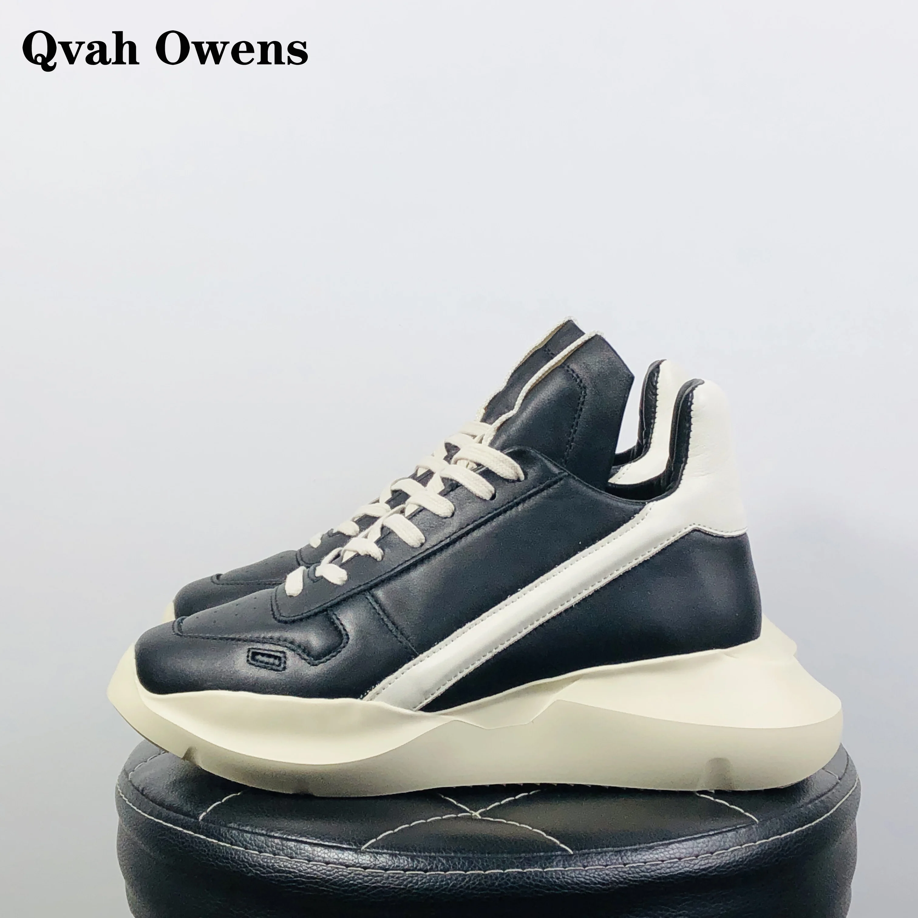 Qvah Owens Men Casual Shoes Genuine Leather Jumbo Lace Up Women Luxury High Street Autumn Flats Black White Platform Sneakers