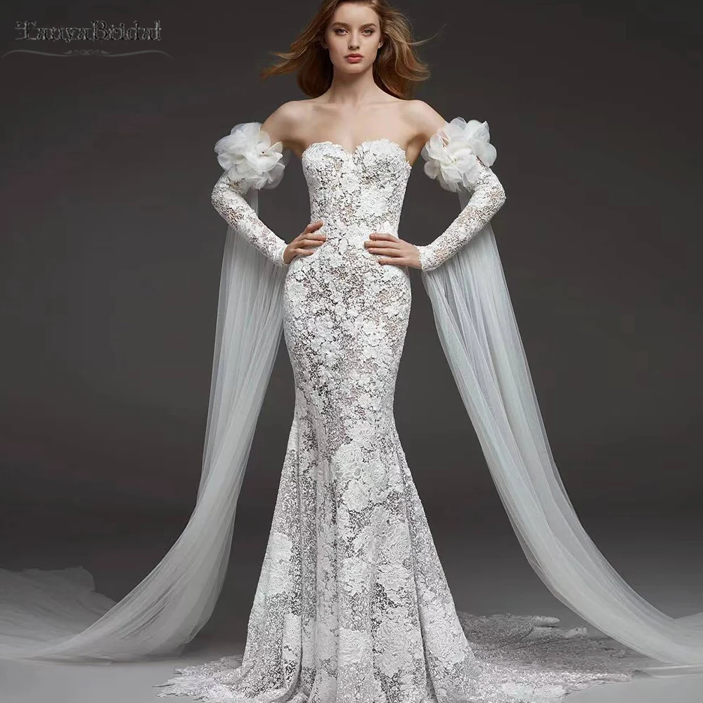 Long Detachable Sleeves Lace 3D Puff Wedding Shawl With Long Ribbon  Bridal Sleeve Arm Accessories DG119