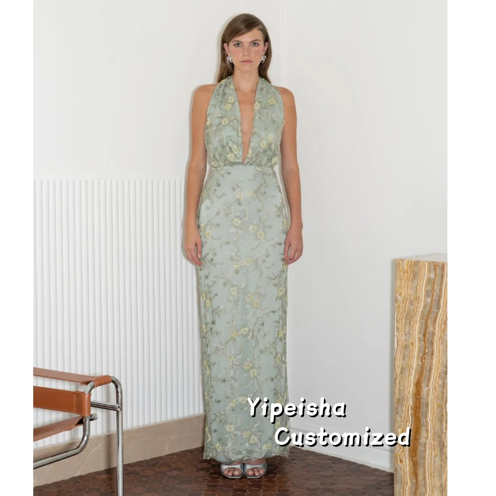 Vestidos de Festa Personalizados Elegantes com Decote Halter, Renda Floral, Lantejoulas e Apliques, Vestido de Noite Sexy com Decote em V Longo Dubai
