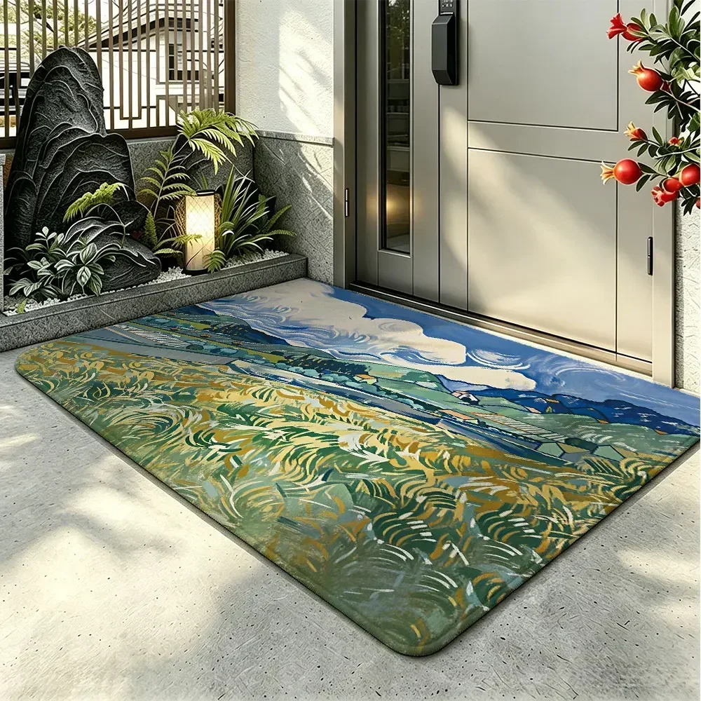 1pc Mountain Village Grassland Landscape Printed Entrance Door Mat Leaf Plastic Anti Slip Foot Mat Fashion Home Decoration