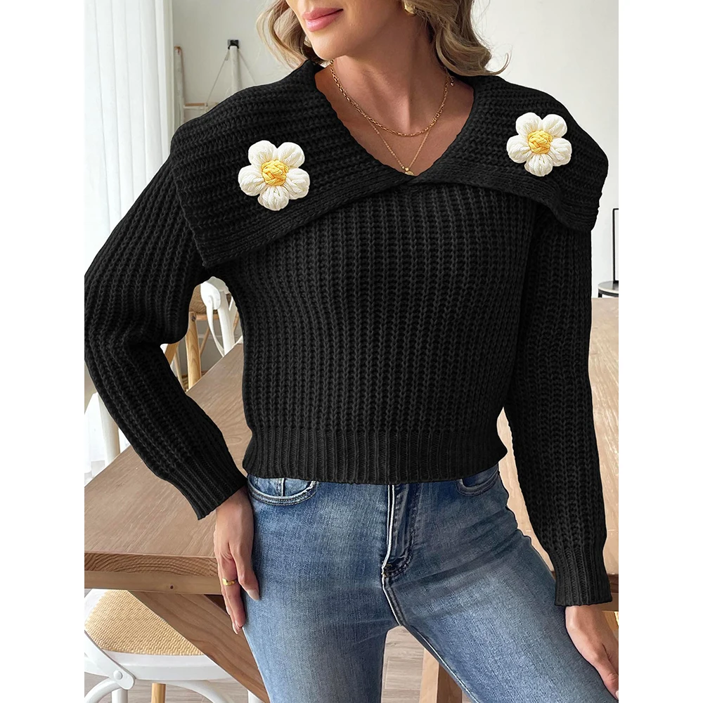 Mia Muse Damen-Pullover, Herbst und Winter, elegant, französisch, schmale Passform, Blumen, lange Ärmel, V-Ausschnitt, Reißverschluss, Alltagspullover