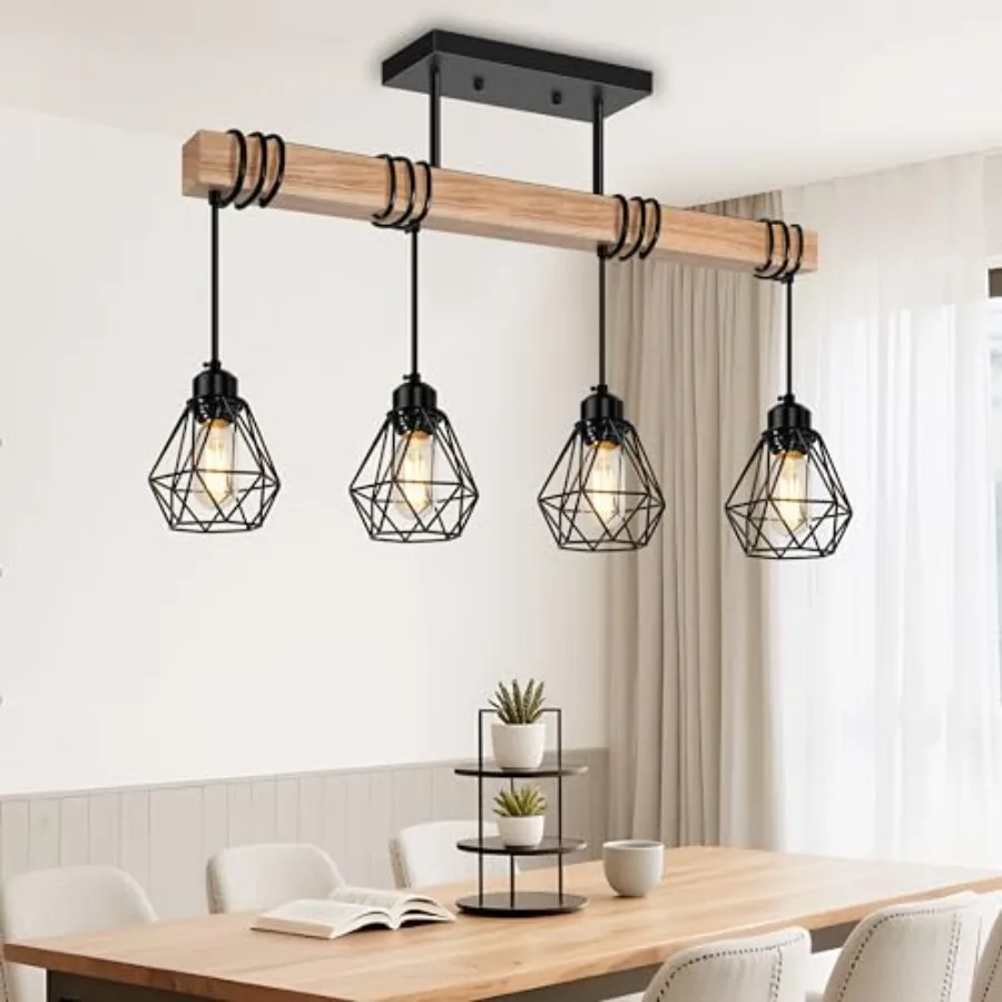 Farmhouse Wood Kitchen Island Lighting, 23.6'' Dining Room Light Fixtures Chandelier Over Table, Rustic Black Cage Pendant Ligh