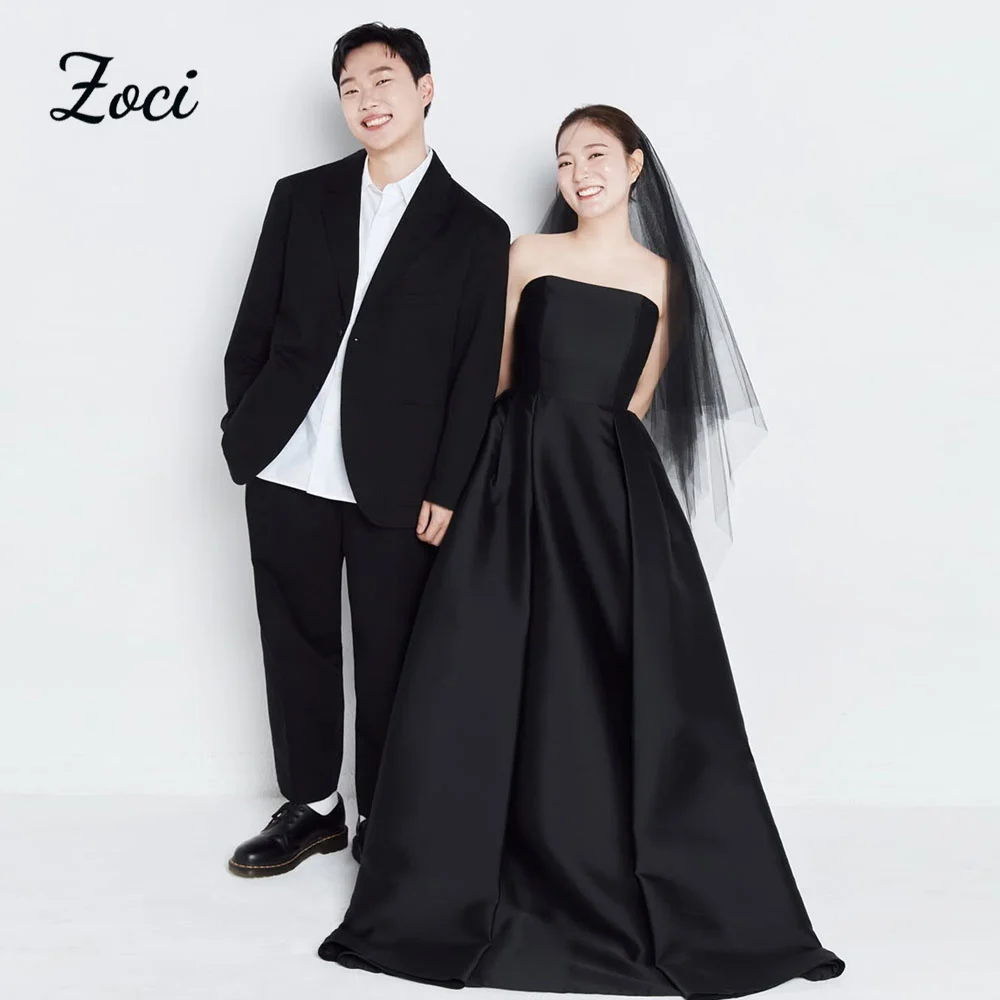 

Zoci Strapless A-line Black Korea Wedding Dresses Draped Satin Sleeveless Evening Dress Photos Shoot Customized Bride Party Gown