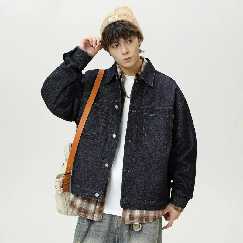 Men's Autumn Edition American Retro High-end Lapel Loose Jacket with A Double-pocket Workwear Denim Jacket Made of Plain Cow New