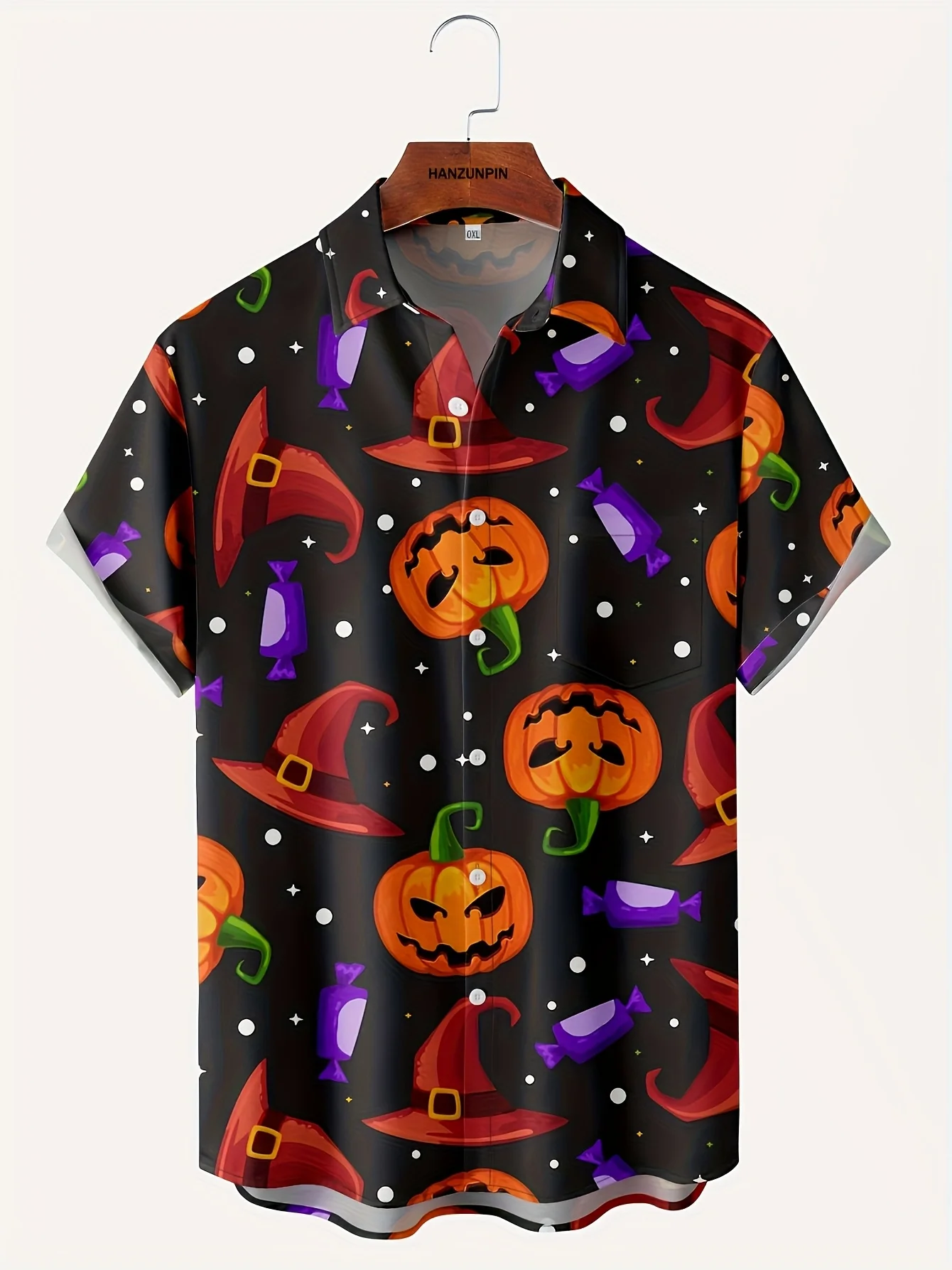 Men's Halloween Pumpkin Witch Hat Candy Print Short Sleeve Camp Collar Shirt Trick Or Treat Party Casual Top