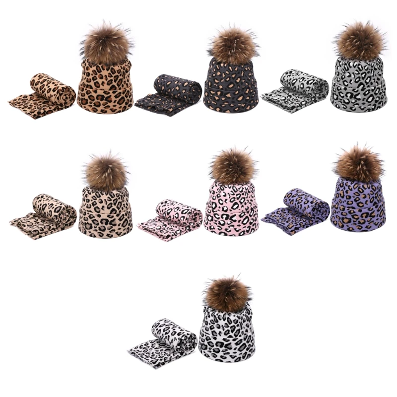 

2pcs Winter Women Pompon Beanie Hat Scarf Set Leopard Spots Sexy Outdoor Warm Faux Fur Pom Pom Hedging Caps