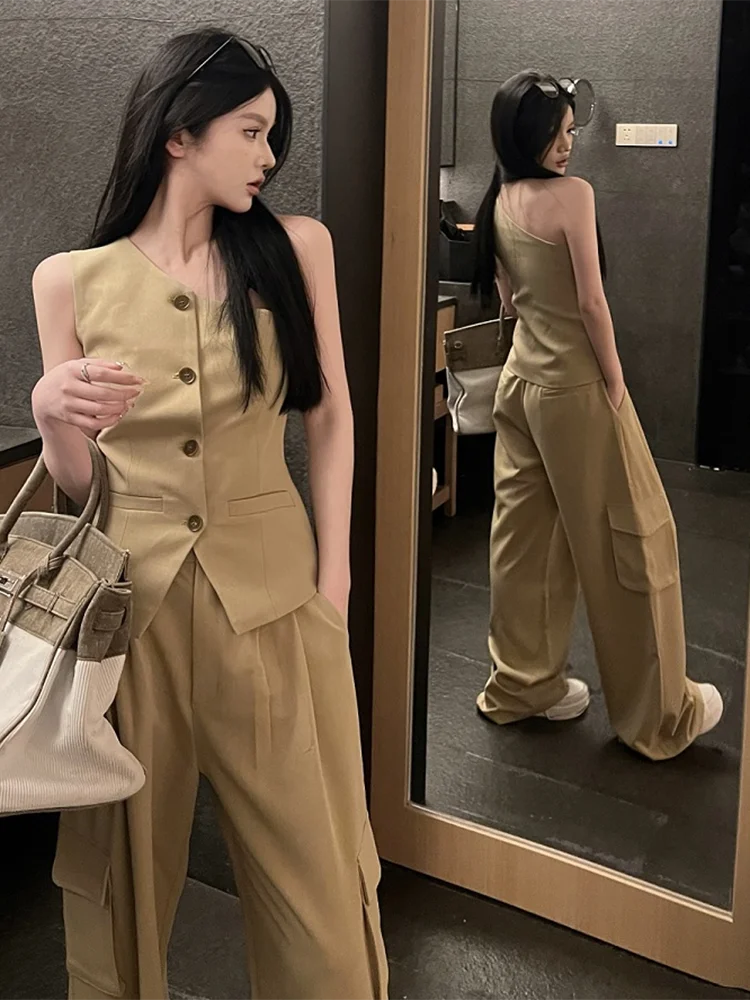 2024 Vintage due pezzi corti set donna coreano senza maniche gilet per le donne pantaloni larghi gamba larga vacanza femminile Streetwear