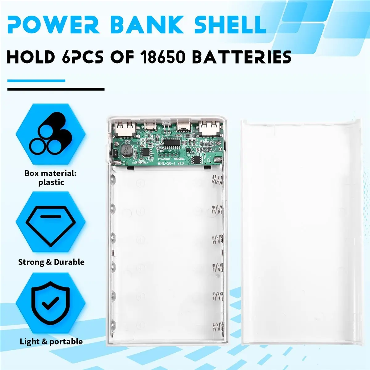 ABFS 18650 Battery Power Bank Box 5V 2.1A LCD Display 20000MAh Power Board for 6X18650 Battery DIY Powerbank Case(White)