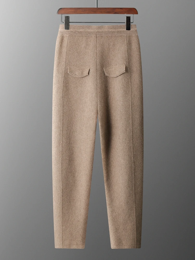High Quality Autumn Winter New Men's Clothing Elastic Waist 100% Cashmere Smart Casual Knitted Pants Solid Color Pocket Trousers