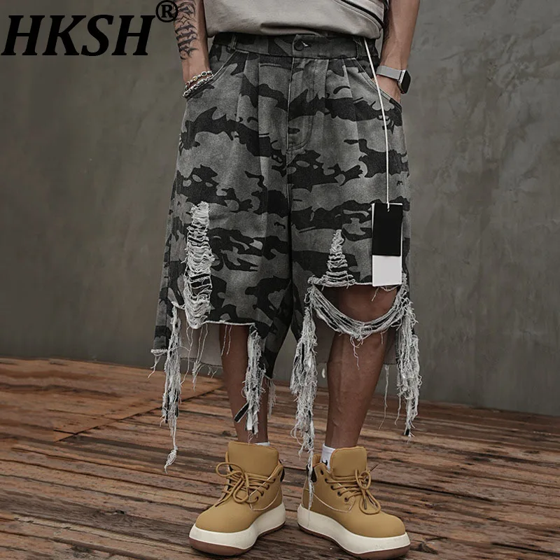 

HKSH Spring Summer Men's Original Design American Camouflage Stylish Fashion Distressed Patchwork Wide Fit Cropped Jeans HK7926