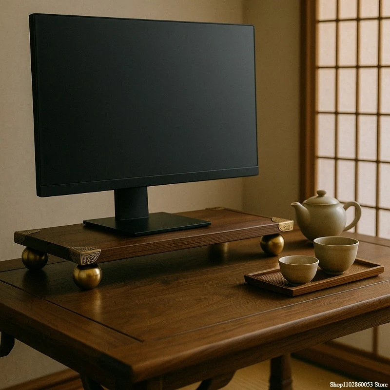 Chinese Style Monitor Riser Stand Walnut Desktop Shelf with Brass Ball Legs Screen Display Base for Office Workspace Organizer