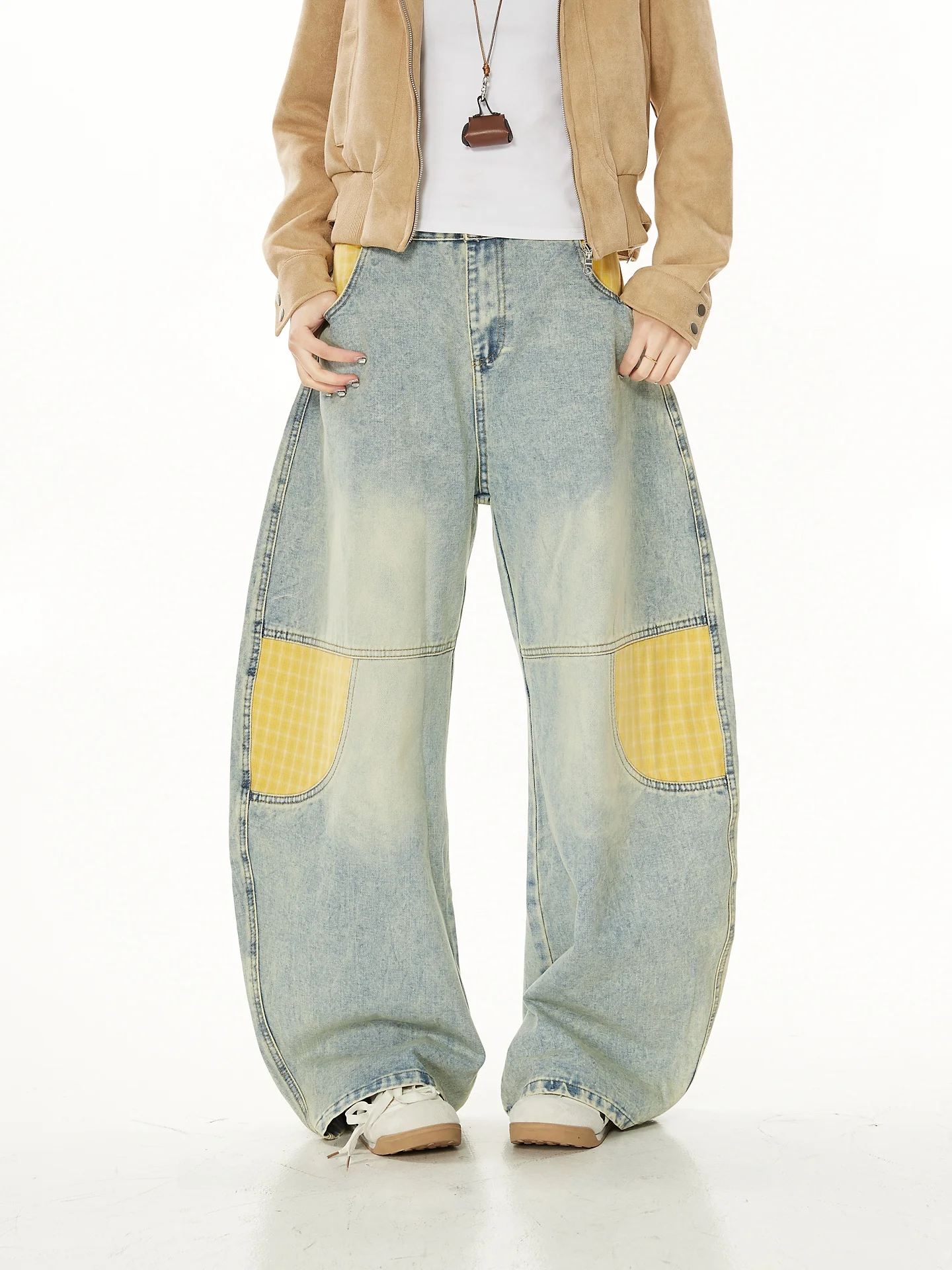 

Повседневные женские джинсы в американском стиле, желтые, в клетку, с винтажными вставками, свободные, широкие, с вырезами, модные, весна-осень