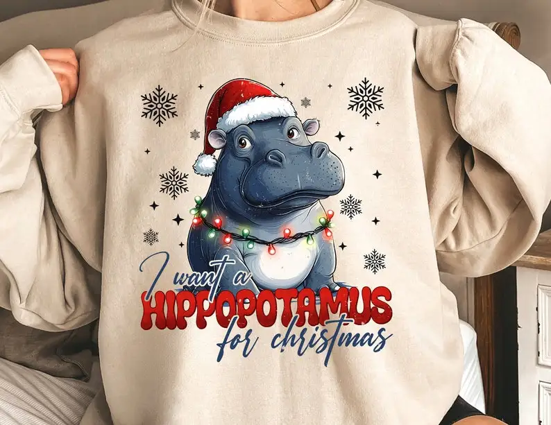 

Я хочу бегемот на Рождество, веселые рождественские огни, мгновенная цифровая загрузка, осенне-зимний пуловер с рисунком файла 2025 г.