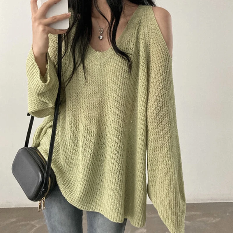 HELIAR Women Hollow Out Off Shoulder Sweater V-Neck Long Sleeve Loose Thin Jumpers Knit Streetwear Top Women 2024 Autumn Winter